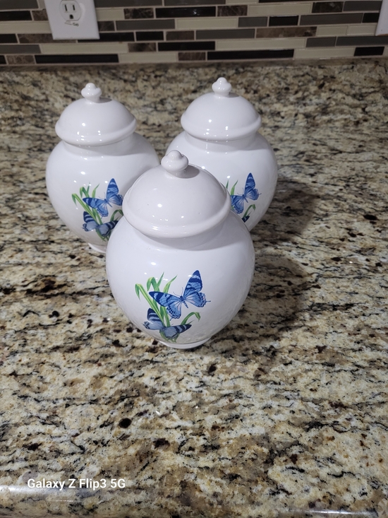 Ftd Ceramic Other - Vintage FTD Ceramic Ginger Jar with Lid – Blue Butterfly Motif Set Of 3